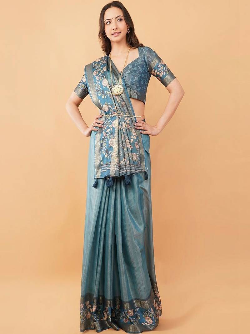 Teal polyester woven design saree with blouse