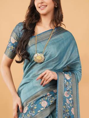 Teal polyester woven design saree with blouse 2