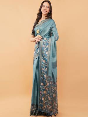 Teal polyester woven design saree with blouse 3