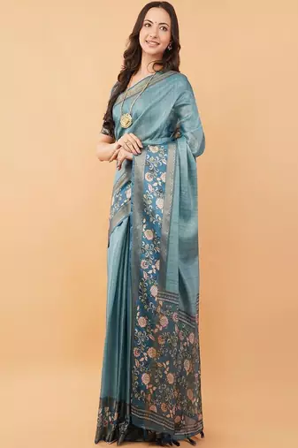 Teal polyester woven design saree with blouse