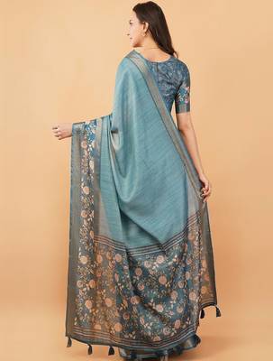 Teal polyester woven design saree with blouse 4