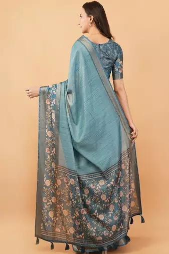 Teal polyester woven design saree with blouse