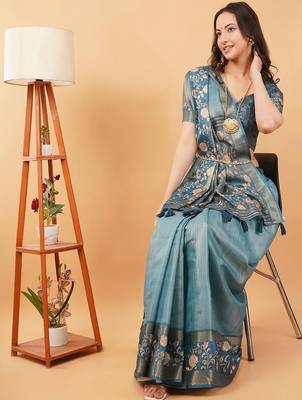 Teal polyester woven design saree with blouse 5
