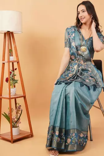 Teal polyester woven design saree with blouse