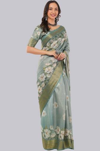 Sea green polyester printed saree with blouse