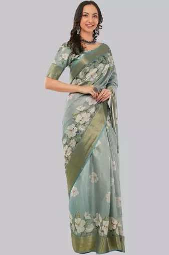 Sea green polyester printed saree with blouse