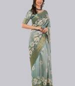 Sea green polyester printed saree with blouse