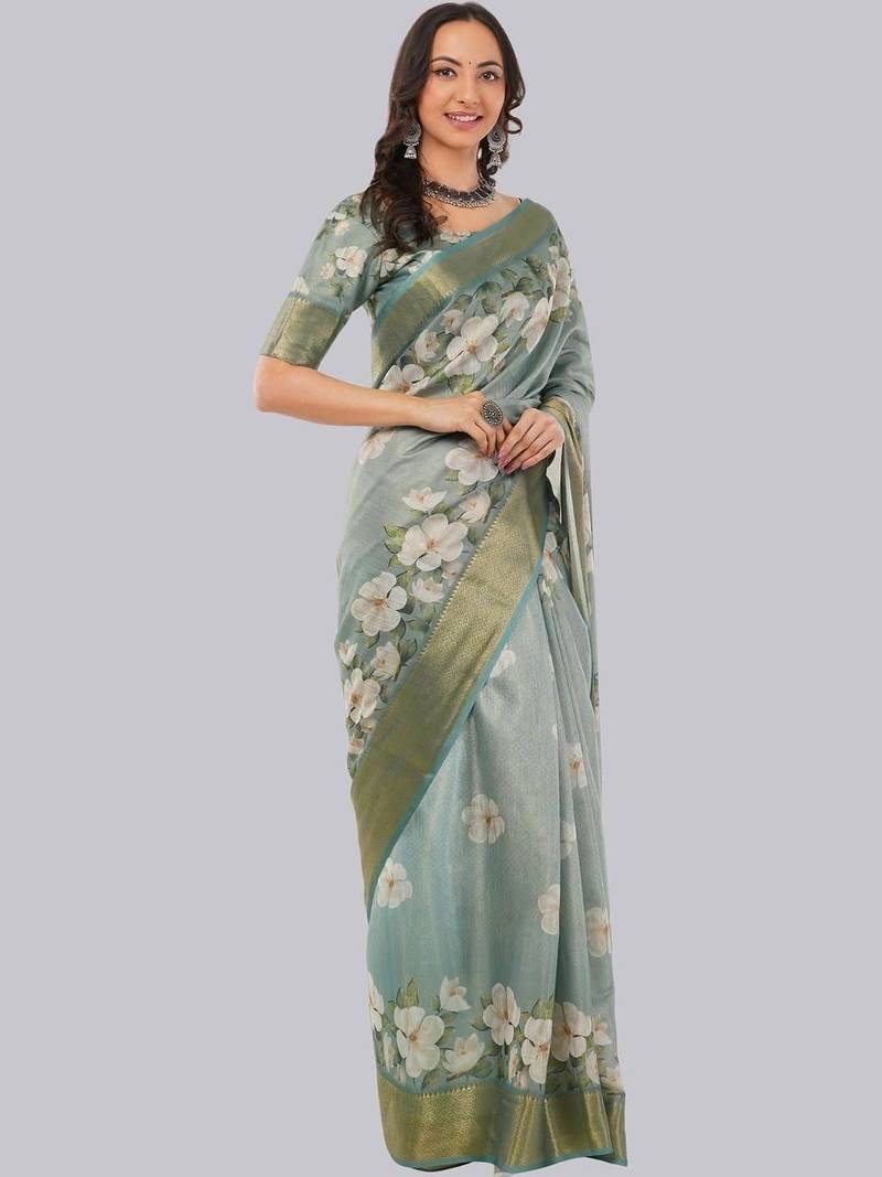 Sea green polyester printed saree with blouse