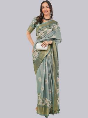 Sea green polyester printed saree with blouse 2