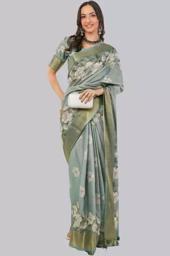 Sea green polyester printed saree with blouse