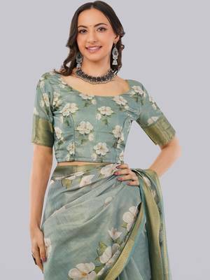 Sea green polyester printed saree with blouse 3