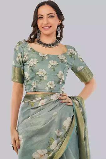 Sea green polyester printed saree with blouse