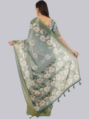 Sea green polyester printed saree with blouse 5
