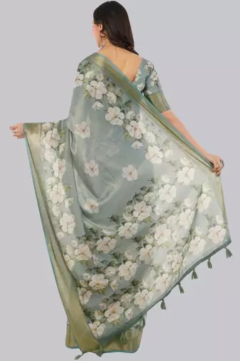Sea green polyester printed saree with blouse