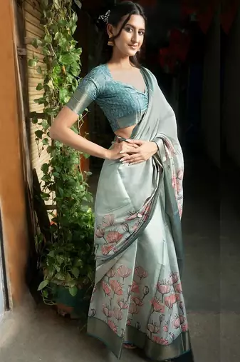 Sea green polyester printed saree with blouse
