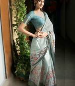 Sea green polyester printed saree with blouse