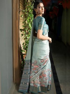 Sea green polyester printed saree with blouse 3
