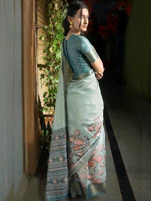 Sea green polyester printed saree with blouse 4