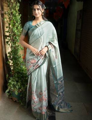 Sea green polyester printed saree with blouse 5