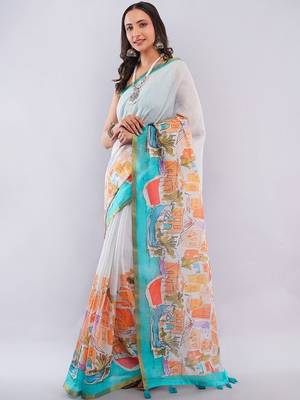 White pure linen printed saree with blouse 1