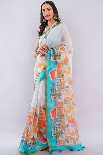 White pure linen printed saree with blouse