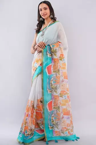 White pure linen printed saree with blouse