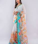 White pure linen printed saree with blouse