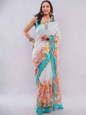 White pure linen printed saree with blouse 2