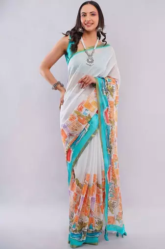 White pure linen printed saree with blouse