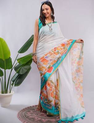 White pure linen printed saree with blouse 3