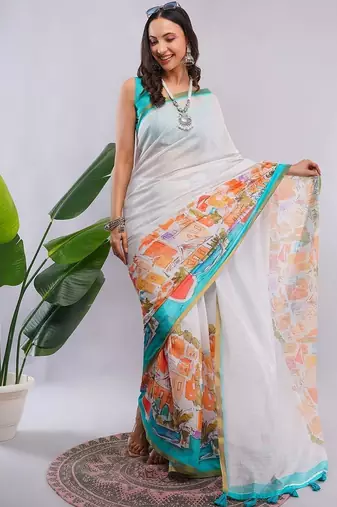 White pure linen printed saree with blouse