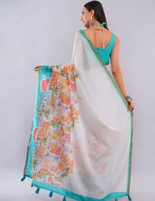 White pure linen printed saree with blouse 4