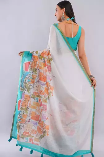 White pure linen printed saree with blouse