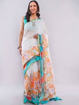 White pure linen printed saree with blouse 5