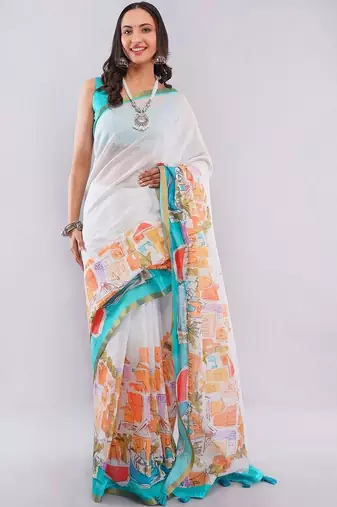 White pure linen printed saree with blouse