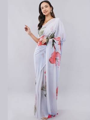 White georgette printed saree with blouse 1