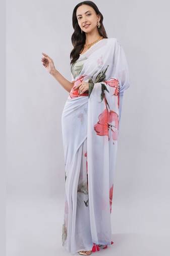 White georgette printed saree with blouse