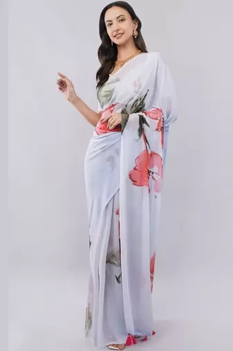 White georgette printed saree with blouse