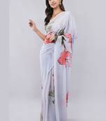 White georgette printed saree with blouse