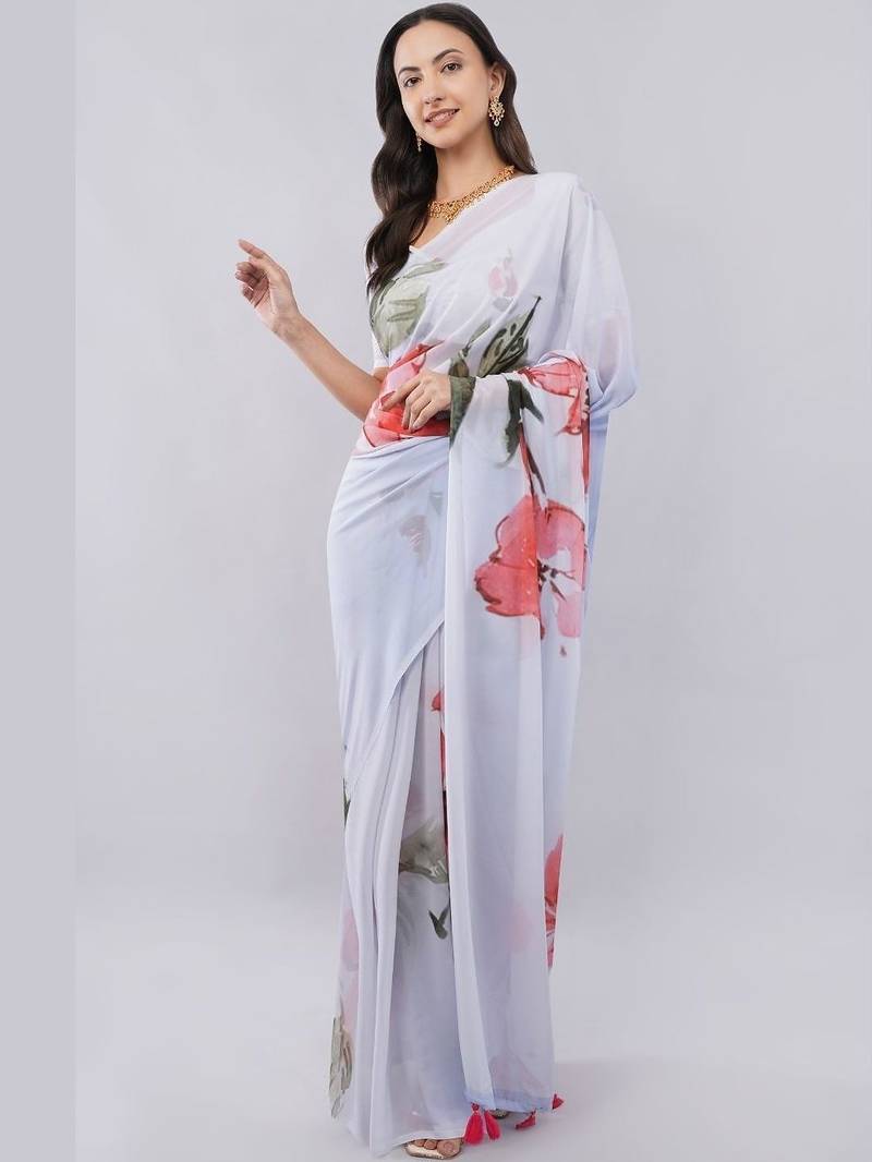White georgette printed saree with blouse