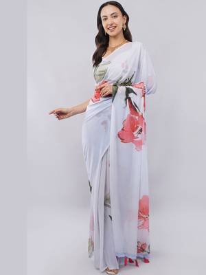 White georgette printed saree with blouse 2