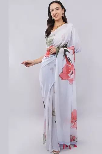 White georgette printed saree with blouse