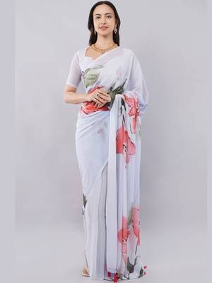 White georgette printed saree with blouse 3