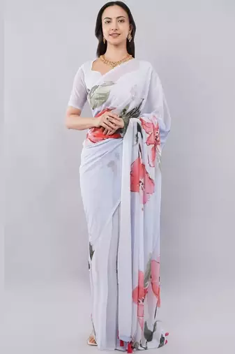 White georgette printed saree with blouse