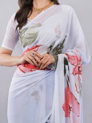 White georgette printed saree with blouse 4