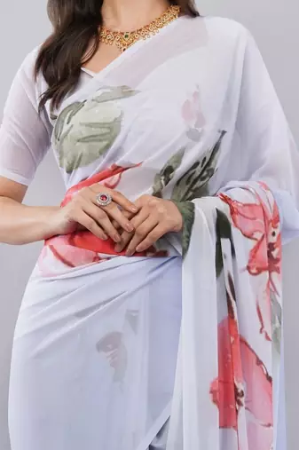 White georgette printed saree with blouse