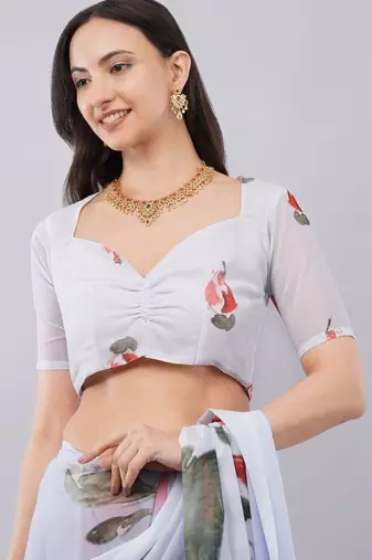 White georgette printed saree with blouse