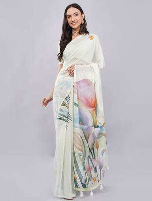 Off white georgette printed saree with blouse 1