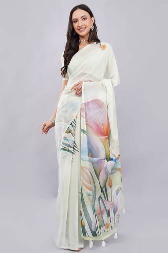 Off white georgette printed saree with blouse