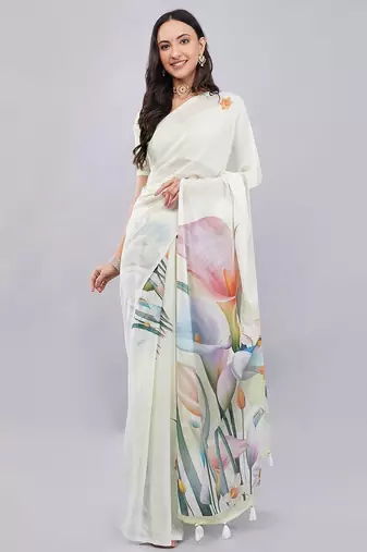 Off white georgette printed saree with blouse